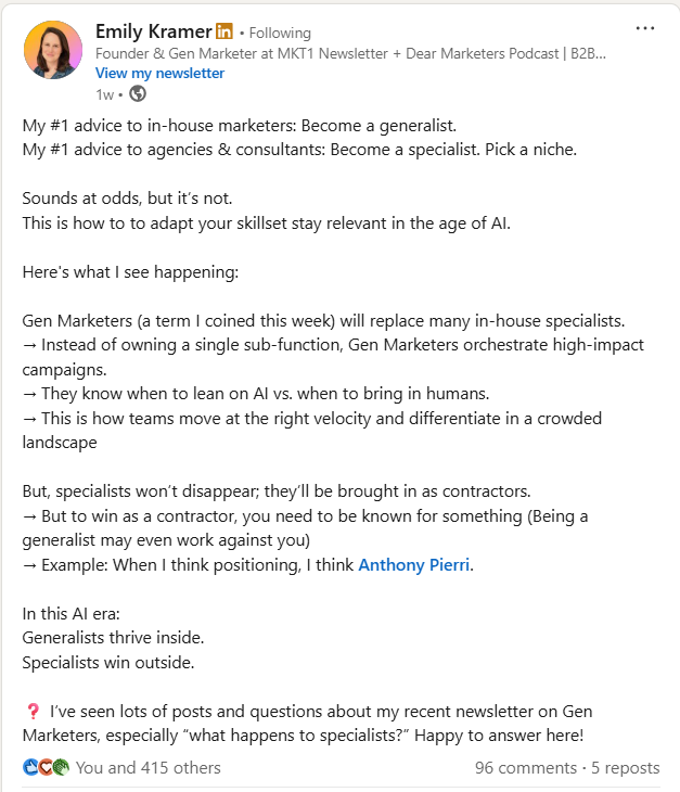 Generalists inside, specialists outside