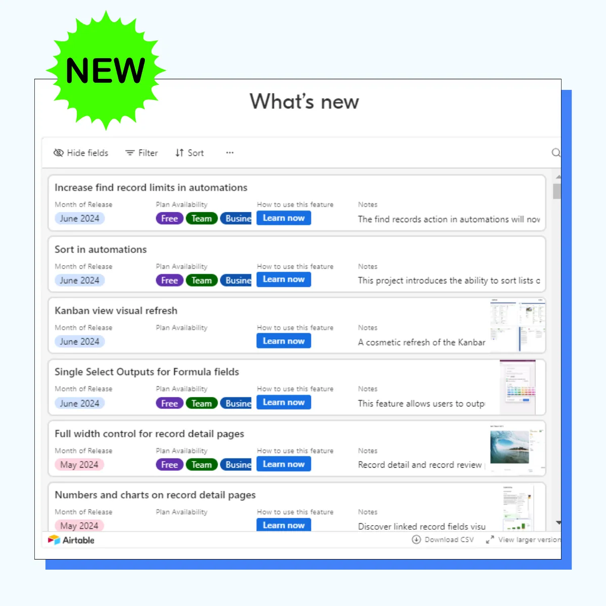 Airtable’s “What’s New” Page